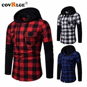 Covrlge moda a cuadros con capucha bolsillos dobles de manga larga de los hombres Casual Slim Fit camisa Top leñador Check Jack ropa MCL205 220322