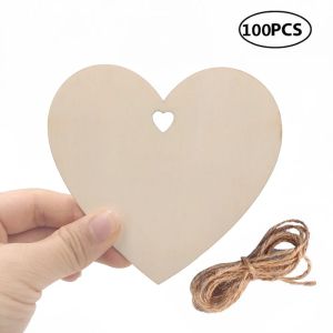 Manualidades 100 piezas de 100 mm de corazón de madera en blanco, adornos de corazón de madera con cordel natural para bodas, manualidades, fabricación de tarjetas