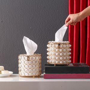 Boîte à mouchoirs en cristal de perles artificielles créatives, support de rangement rond amovible pour serviettes en papier, décoration de la maison