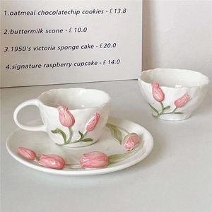 Tasse de café créatif en céramique rose tulipe tasse thé à thé café l'après-midi tasse tasse de gâteau assiette assiets accessoires de cuisine mariage 231221