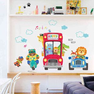 Creative mignon bus animal enfant stickers muraux pour chambres d'enfants garçon fille chambre décoration murale autocollants auto-adhésifs décoration maison 211112