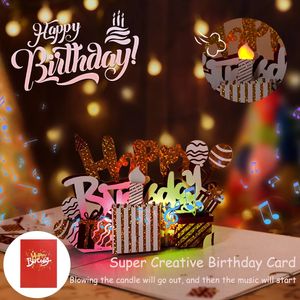 Tarjeta de felicitación creativa de feliz cumpleaños para marido esposa Kid Light Music Light 3d Birthday Cake Pop-Up Blowing Candle Birthday Card 240323