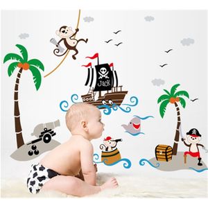 Creative maternelle école classe verre décoratif cocotiers pirate bateau enfants chambre stickers muraux 210420