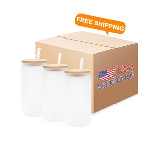EE. UU. CA STOCK 16 oz Tazas de vidrio Sublimación en blanco Vasos Frosted Clear Juice Soda Jars Tazas con pajita de plástico y tapa de bambú