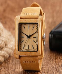 Créatif Rectangle Dial Wood Watch Natural Handmade Light Bamboo Fashion Men039s Casual Quartz Wristwatch Leather Band Gift2114372
