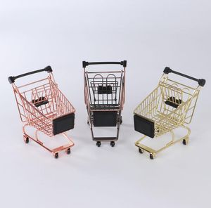 Creative Rose Gold Mini Shopping Cart Cestas de almacenamiento Supermercado Golden Trolley Iron Metal Trolleys Set Basket SN2277