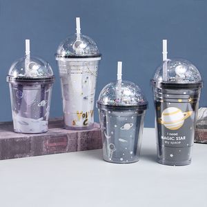 Creative Tumbler Mugs Space Cup Double couche en plastique Star Cups avec lumières LED Starlight Girls Cute Drinking Juice Cups With Straws