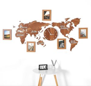 Créative Wood World Map Clock Wall With 3 Pieces PO Cadre 3D Carte décorative DÉCOR DÉCORT HOME SOIR MODERNE EUROPHERE ROUN7376773