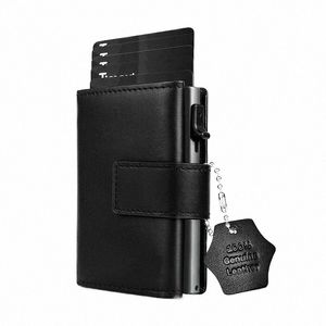 Caso de tarjeta de crédito Mini billetera con bolsillo de monedas postales Rfid Protecti Genuine Leather Card Wallet Soportista de aluminio pequeño 57QX#