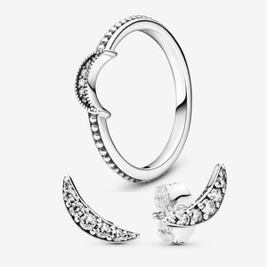 Crescent Moon Beaded Ring and Stud Earrings Set for Pandora 925 Sterling Silver designer Jewelry set For Women Girls Diamond Luxury earring rings with Original Box