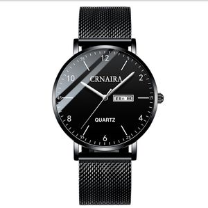 Crnaira Banda de malla de acero negro Relojes de cuarzo para hombre Reloj con calendario luminoso Relojes de pulsera para hombre con estilo informal de tres manecillas grandes