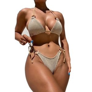 Traje de baño rosa de malla de ganchillo para mujer, conjunto corto de Bikini Sexy para fiesta en la playa, traje de baño con vendaje Push Up, ropa de baño