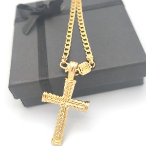Cruz 24 k oro sólido GF encantos líneas colgante collar Curb cadena joyería cristiana fábrica venta al por mayor crucifijo dios regalo
