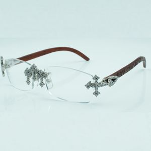 Montura de gafas con diamantes cruzados 3524012 con varillas de madera de tigre natural y lente transparente de 56 mm