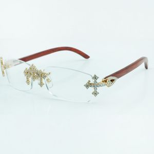 Montures de lunettes en diamant croisé 3524012 avec bâtons en bois naturel original et lentille transparente de 56 mm