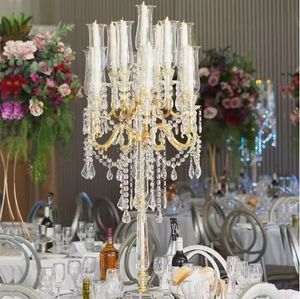 Araña de cristal para centros de mesa de boda soporte de decoración Venta al por mayor decoración de boda personalizada 7 brazos de vidrio Hurricane soportes de velas de cristal dorado