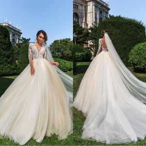 2022 Designer Sheer Jewel Neck Lace Ball Gown Vestidos de novia con mangas largas Champagne Vestido de novia de talla grande Vestidos de novia bc1521