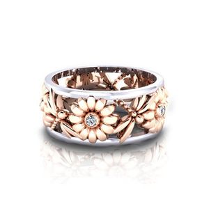Anillo de margaritas con flor de diamante, anillo de libélula de oro rosa ahuecado, anillos de banda para mujer, joyería de moda, regalo de voluntad y arena
