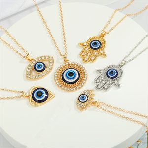 Collier main en cristal Hamsa mauvais œil pour femmes, cœur rond, œil bleu turc, pull, chaîne de clavicule, bijoux