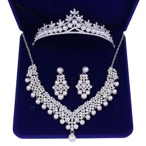 Ensembles de bijoux de mariée en perles de cristal collier de couronne de mariage avec boucles d'oreilles ornement de cheveux de mariée tour de cou pour femmes accessoires 220330