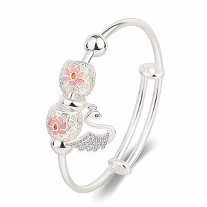 Crystal Swan Bangle Bracelet Pink Esmalte Flores Brazaletes Pulseras para mujer Joyería Chica Accesorios de moda Regalos White Gold Silver Bangle