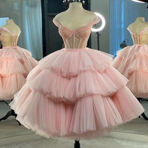 Cristaux perlés robe de mariée gonflée Corset décolleté en cœur épaules dénudées longueur de thé Vintage vêtements de mariée niveaux Tutu Tulle robe de mariée robes de fiançailles sexy