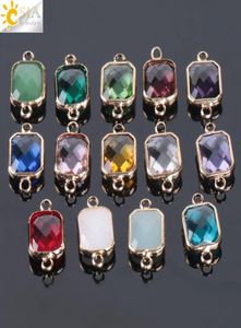 Csja pas cher 10pcs Bohemian Square Crystal Glass Beads Gold Double Rings Pendant pour collier Charme bracelets Connecteur Bijoux FI4502763