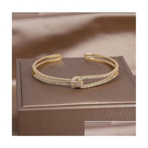 Cuff 14K Real Gold Plating Exquisite Luxury Fl Zircon Knot Bracelet Elegant Womens Wedding Party Opening Adjustable Drop Delivery Je Dhlpb