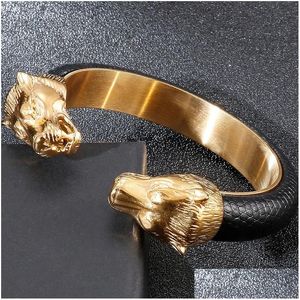 Couchette 14k jaune lion têtes ouvertes Bracles pour hommes bracelets en cuir réglables élastiques accessoires à main garçons bijoux livraison dhud5