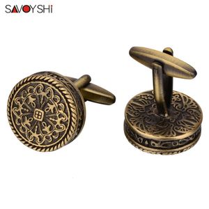 Boutons de manchette SAVOYSHI Haute Qualité Chemise Boutons de Manchette pour Hommes Rond Bronze Motif Vintage Boutons de Manchette En Métal Cadeau Gravure Gratuite Nom 230506