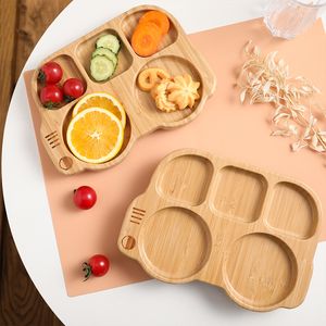 Tasses Vaisselle Ustensiles 1 ensemble assiette en bois ventouse en Silicone antidérapant étanche fourchette cuillère bébé bol d'alimentation bambou bois voiture forme bébé assiette 230130