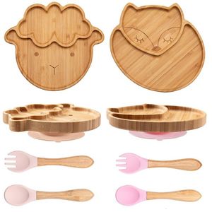 Cups Dishes Utensils 3Pcs Wooden Dinner Plate Silicone Suction Cup Kids Feeding Tableware Bamboo Wood Non slip Dinnerware Baby Free BPA 230628