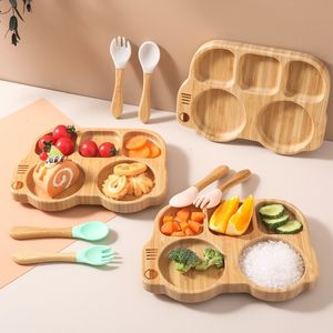 Tasses Vaisselle Ustensiles Bébé Bol D'alimentation En Bois De Bambou En Forme De Voiture Assiette À Dîner Avec Ventouse En Silicone Cuillère Fourchette Vaisselle Pour Enfants 230703