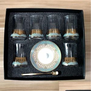 Tasses Soucoupes 6 ensembles de verres à thé turcs avec cuillère tasse à café romantique verre exotique décoration de cuisine boîte-cadeau livraison directe Dhmak