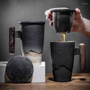Tasses soucoupes tasse en céramique luxe rétro filtre tasse à thé grande capacité bureau poterie noire eau avec couvercle et poignée en bois boîte-cadeau
