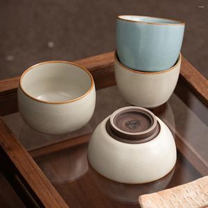 Tazas y platillos hechos a mano, taza de té de porcelana Ru Kiln, hermosa muestra de taza de té con olor, colección de suministros de ceremonia maestra