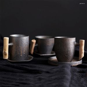 Tazas Platillos Taza de té de estilo cerámico japonés Taza de agua vintage Leche retro con mango de madera Aparato de bebidas