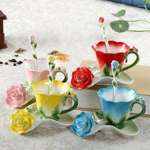 Tasses soucoupes joli café Rose peint à la main avec ensemble de luxe émail porcelaine tasse à thé soucoupe cuillère vaisselle cadeau de mariage Unique