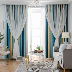 Cortina Ahoyikaa Estrellas huecas brillantes Cortinas opacas dobles Tela de color degradado Hilo transparente blanco para la decoración del dormitorio de la sala de estar 230105