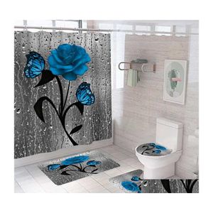 Cortina Flor azul Mariposa Baño Juego de alfombrillas antideslizantes Duradero Impermeable Ducha Pedestal Alfombra Tapa Inodoro Er Alfombras de baño 210712 Drop De Dhdmn