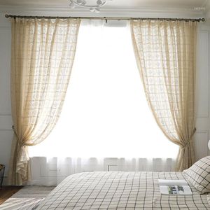 Cortina Boho Retro tela de encaje geométrico ahuecado para sala de estar dormitorio Beige tejido de ganchillo cortinas transparentes decoración del hogar