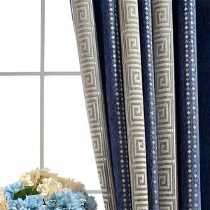 Cortina china de lujo azul marino raya geométrica sombreado cortina Chenille Curtians para sala de estudio cortinas Villa decoración del hogar 221022