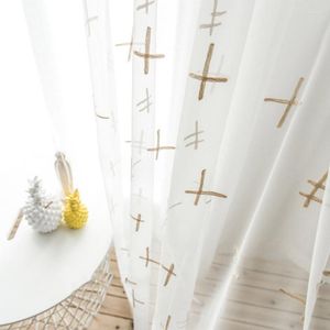 Cortina de café com cruz transparente bordada para sala de estar, quarto, simples e moderno, tecido de organza, janela de baía, js214c
