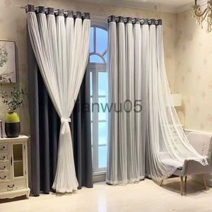 Cortina de doble capa, cortinas opacas, barra de desgaste acabada, gasa de encaje y cortinas de tela para balcón, sala de estar, dormitorio x0726