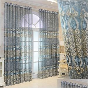 Rideaux Rideaux Rideaux transparents De luxe européens pour chambre à coucher bleu Floral Jacquard romantique Patio porte Voile panneaux fenêtre draperie goutte De Dhox2