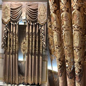Curtain & Drapes European-style Luxury Living Room Curtains Upscale Atmosphere Chenille Embroidered Openwork Coffee Color Bedroom