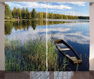 Rideau Tentures Nature Rideaux Pour Chambre D'enfant Automne Septembre Lac Entouré D'arbres Forêt Buissons Scandinave Paysage Fenêtre