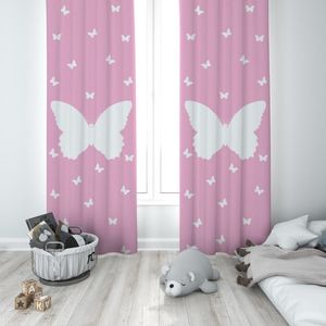 Cortinas de fondo rosa, mariposa blanca grande, habitación de bebé, niña, niños, diseño especial, dosel, botón de gancho, ventana celosa opaca