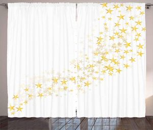 Rideaux rideaux jaunes et blancs étoiles coulant sur la toile de fond magie galaxie célébration salon fenêtre