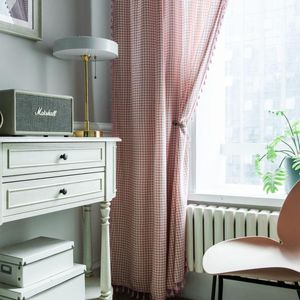 Cortina estilo japonés borla blanco rojo tela escocesa cortinas para sala de estar ventana decoración del hogar cortinas acabadas